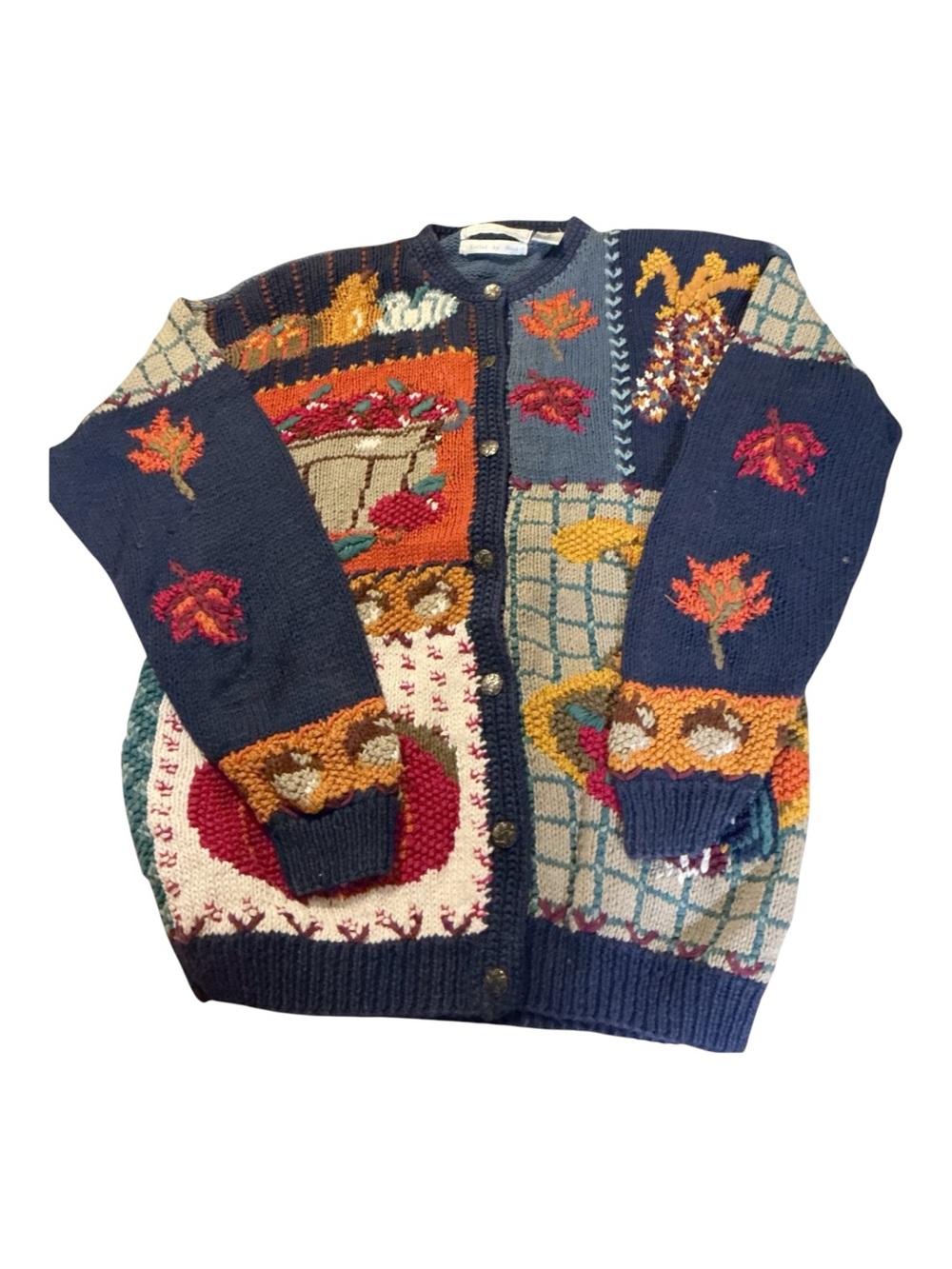 Vintage-Inspired Navy Patchwork Autumn Leaf Cardigan Sweater - Picture 1 of 3